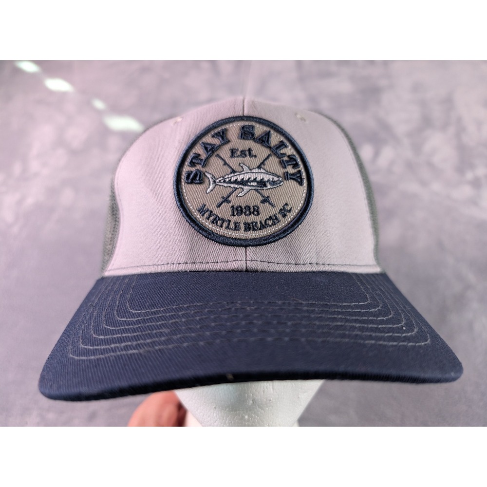 DK Caps Stay Salty Myrtle Beach SC Trucker Hat Gray Navy Blue Snapback Mesh Cap